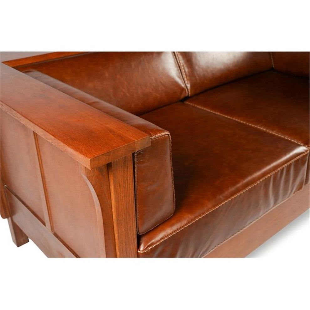 Arts and Crafts / Craftsman Cubic Panel Side Love Seat - Chestnut Brown Leather