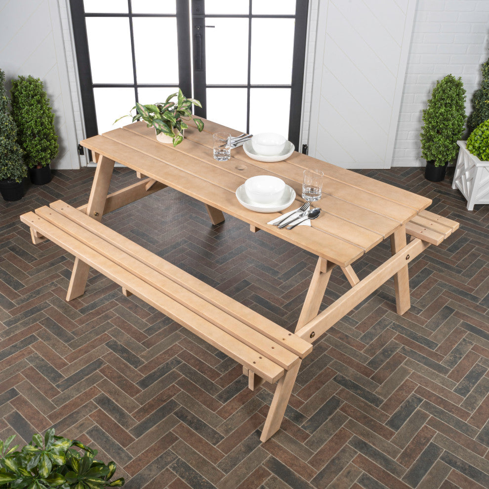 Shoreham 59" Modern Classic Outdoor Wood Picnic Table Benches With Umbrella Hole