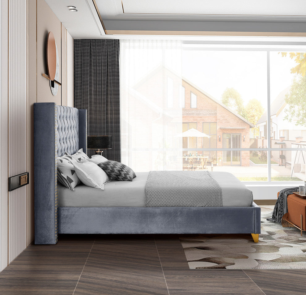 Barolo Velvet Upholstered Bed, Gray, Full