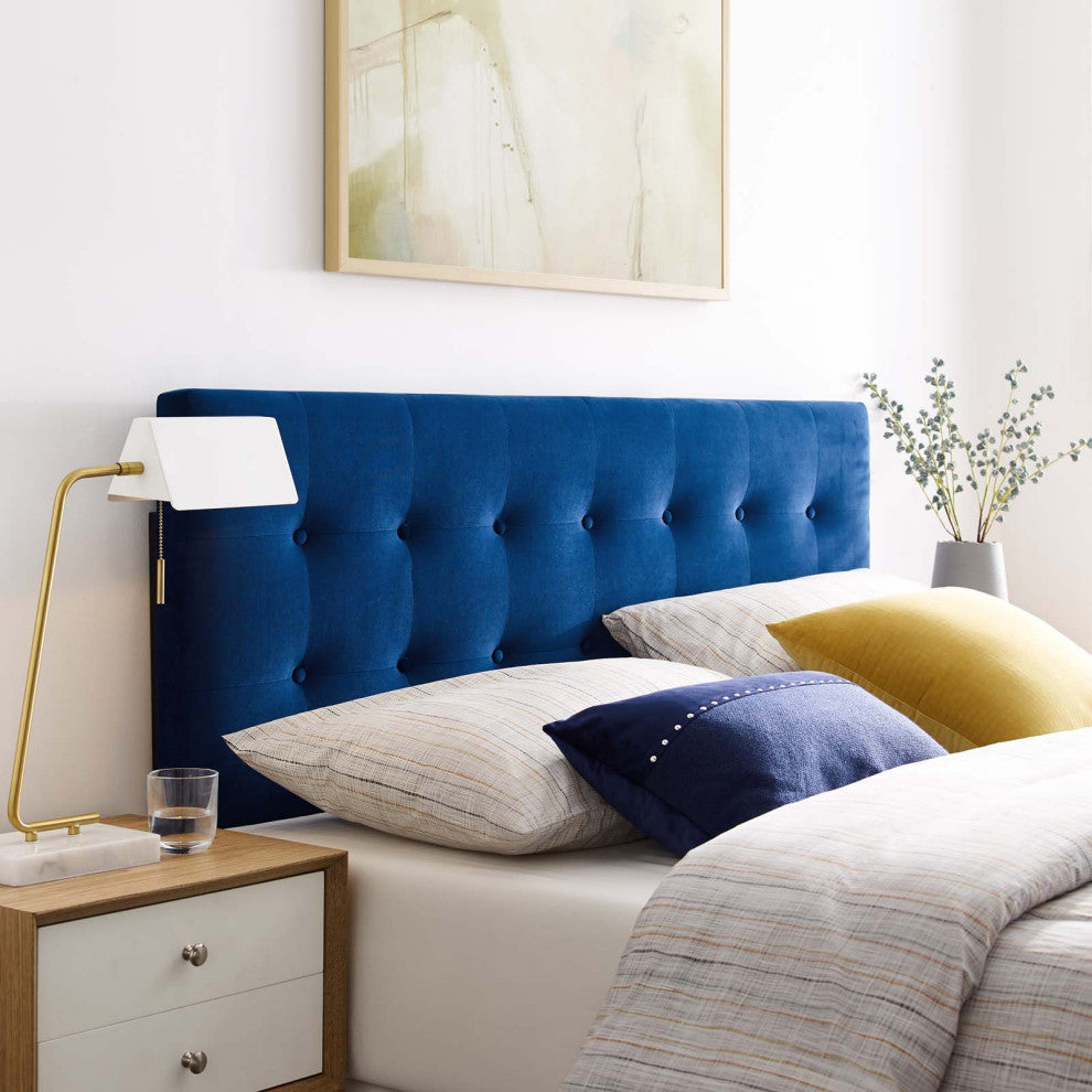 Contemporary Modern King Size Tufted Headboard, Velvet Fabric, Navy Blue