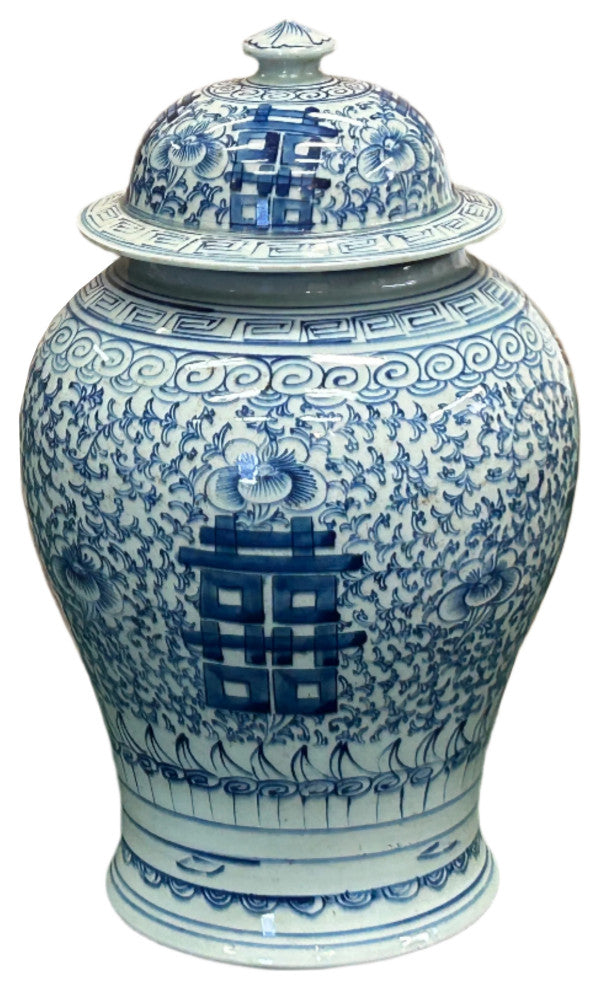 Vintage Blue White Double Happiness Porcelain Temple General Jar Hws4403