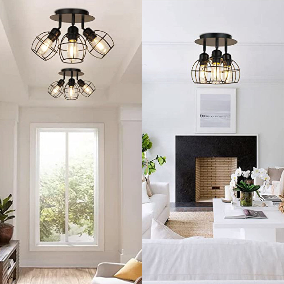 3-Light rustic ceiling Black flush mount ceiling light Metal light fixture