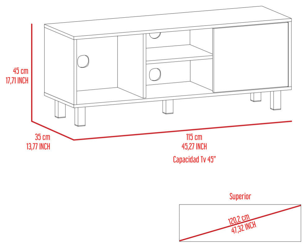 Rome TV Stand For TVs up to 43" with 3 Open Shelves and 1 Cabinet, Light Oak