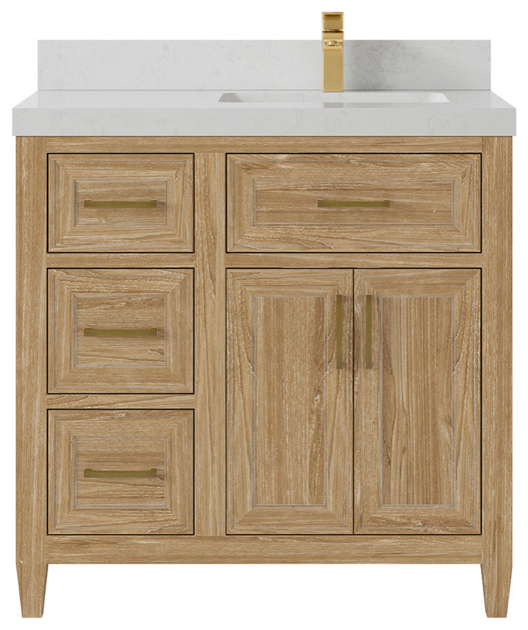 Santa Monica 36 Right Offset  Bath Vanity in Whitewashed Teak 2" Carrara Quartz