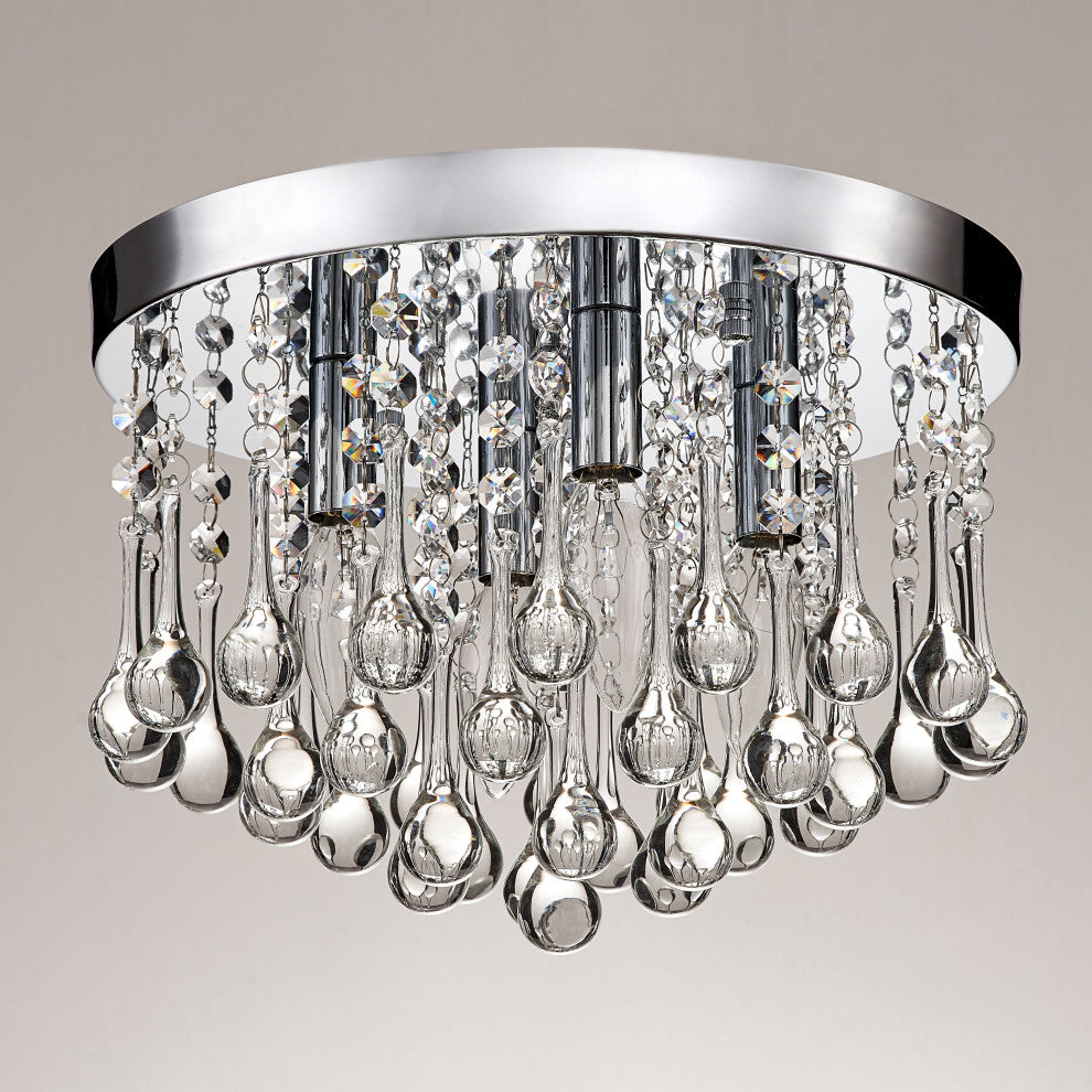 Bella 4-Light Chrome Finish Flush Mount With Clear Crystal Drops