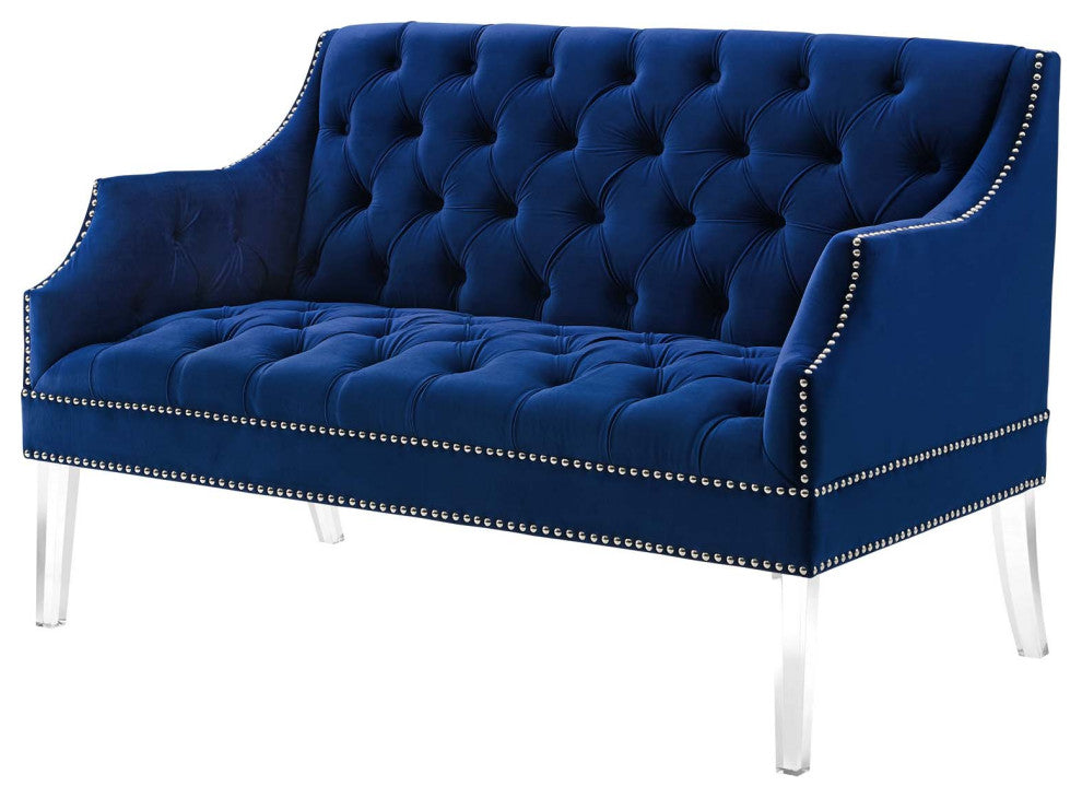 Tufted Loveseat Sofa, Velvet, Blue Navy, Modern, Living Lounge Hotel Hospitality