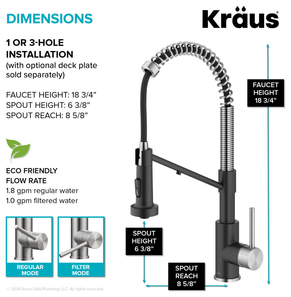 Bolden Commercial Style 2-Function Pull-Down 1-Handle 1-Hole Kitchen Faucet, Spot Free Stainless Steel/ Matte Black (Filter Kitchen Faucet)