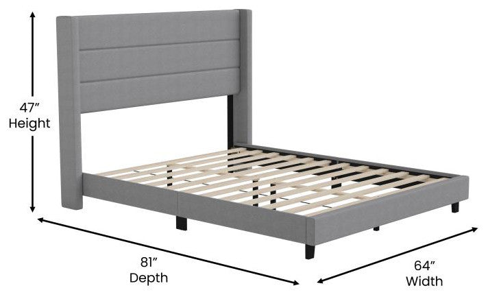 Hollis Upholstered Platform Bed with Wingback Headboard w/Mattress Foundation, Gray, Queen