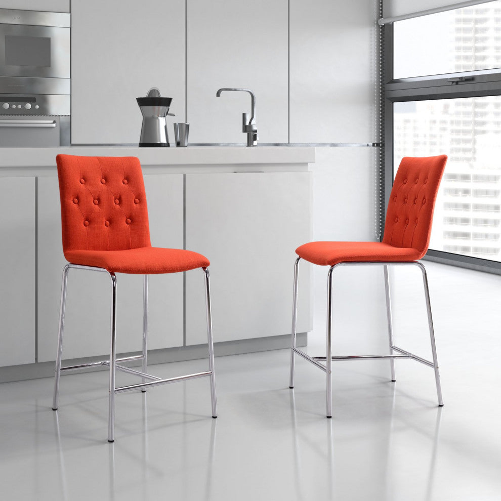 Counter Stool Chair, Set of 2, Steel Metal, Fabric, Orange, Chrome, Cafe Bistro