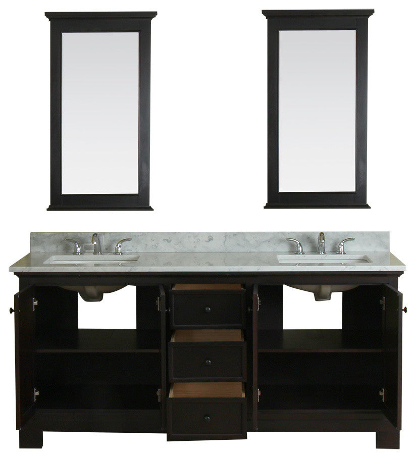 Richmond 72" Double Vanity in Espresso, Carrera Marble Top and Mirror
