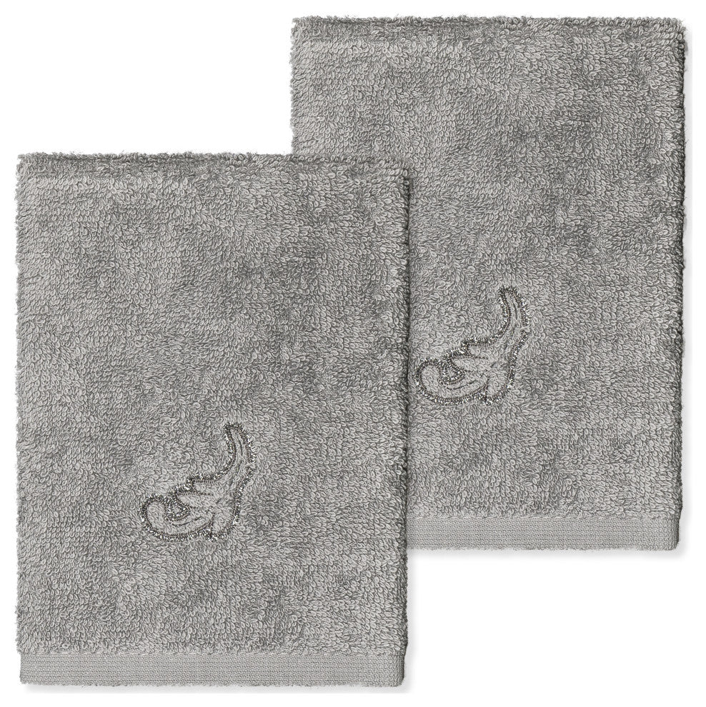 Linum Home Turkish Cotton April 2-Piece Embellished Washcloth Set, Dark Gray