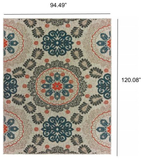 7' x 10' Grey Blue Floral Indoor Outdoor Area Rug