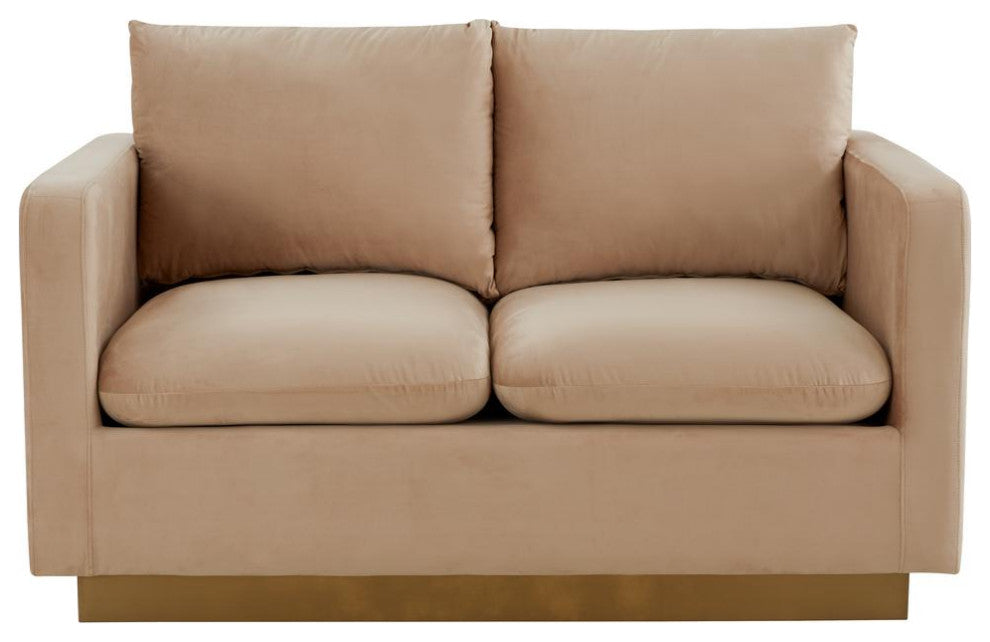 LeisureMod NS55BG Nervo Beige Mid-Century Velvet Loveseat Gold Frame