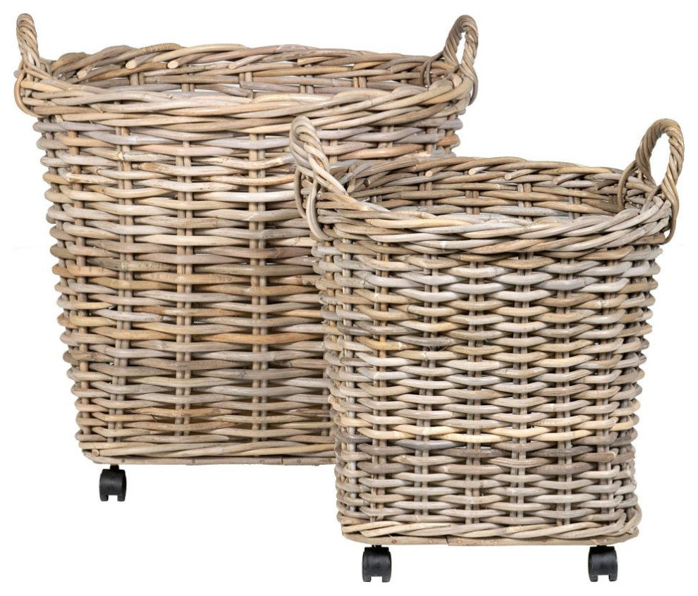 East at Main Maya Round Rattan Storage Baskets With Wheels, Set of 2