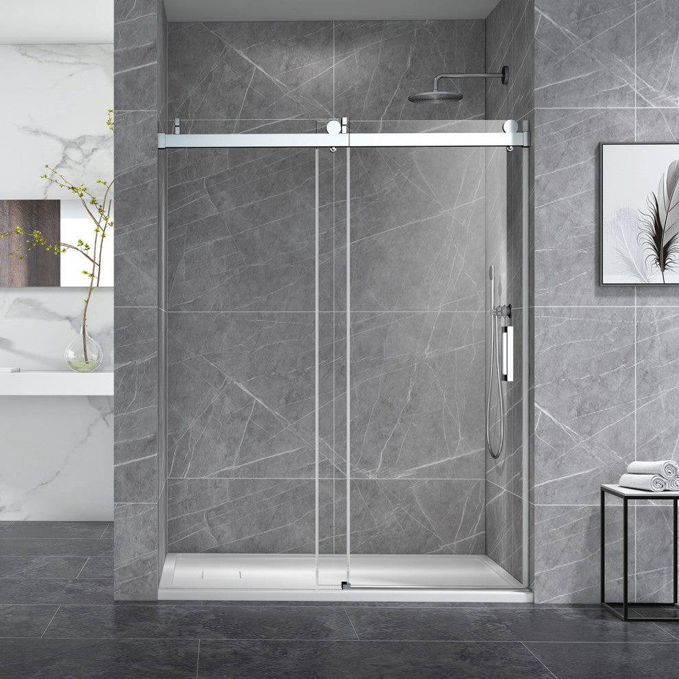 60 in. W x 76 in. H Single Sliding Frameless Shower Door With Buffer, Matte Black