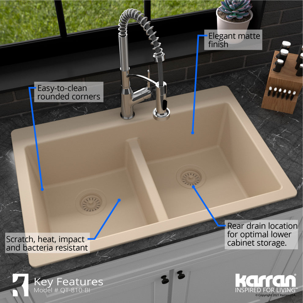 Karran 33" Top Mount Double Equal Bowl Quartz Kitchen Sink, Bisque