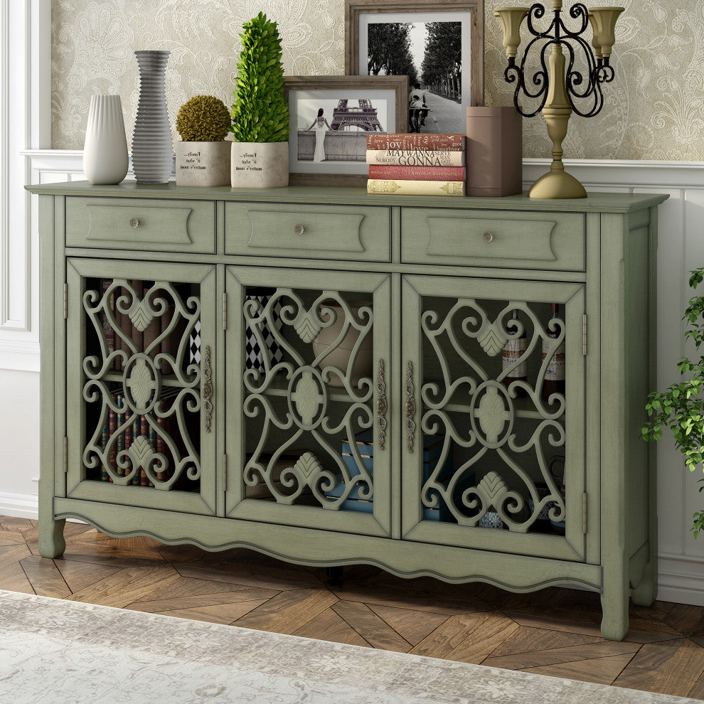 60-inch Wood Sideboard with Adjustable Shelves, Green, 60" X 13"