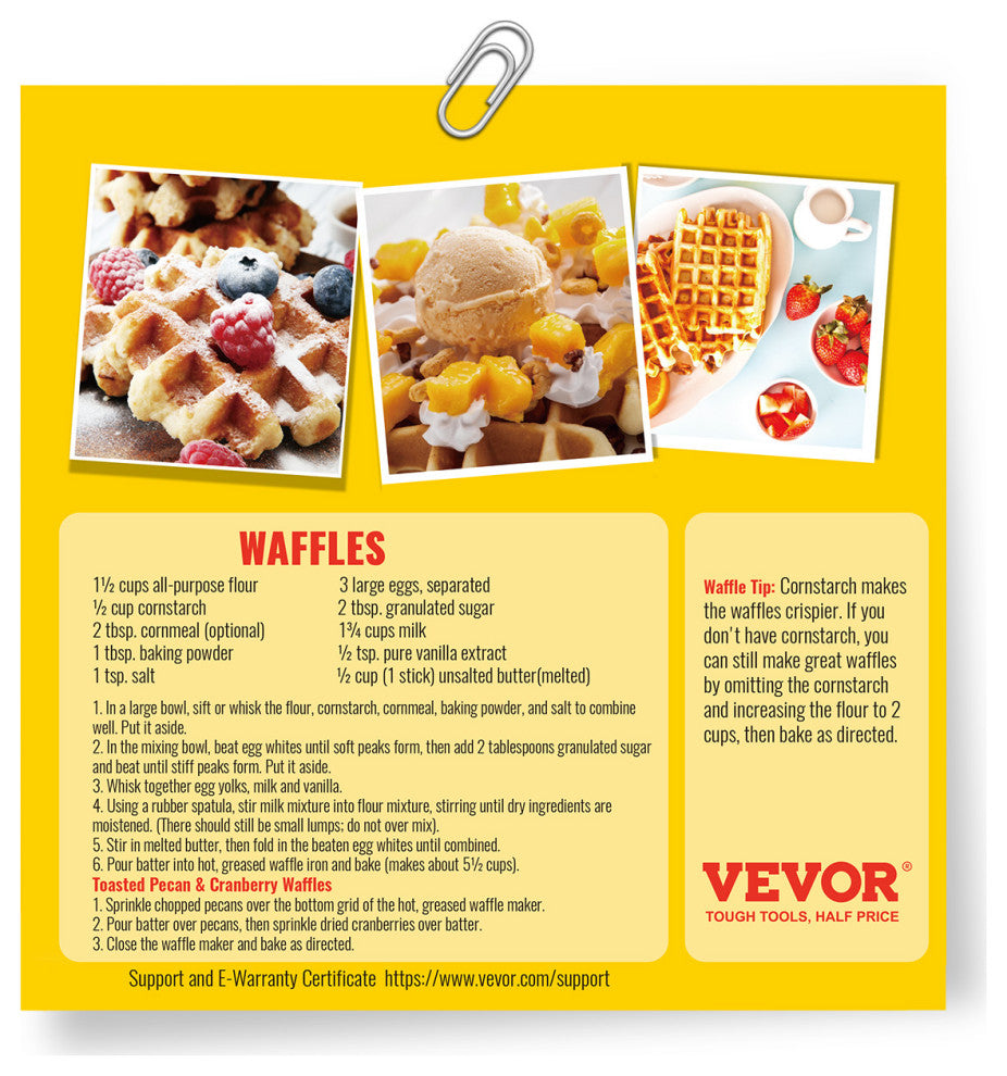 VEVOR 4 Slices Square Waffle Maker 1200W Electric Non-Stick Waffle Iron 120V