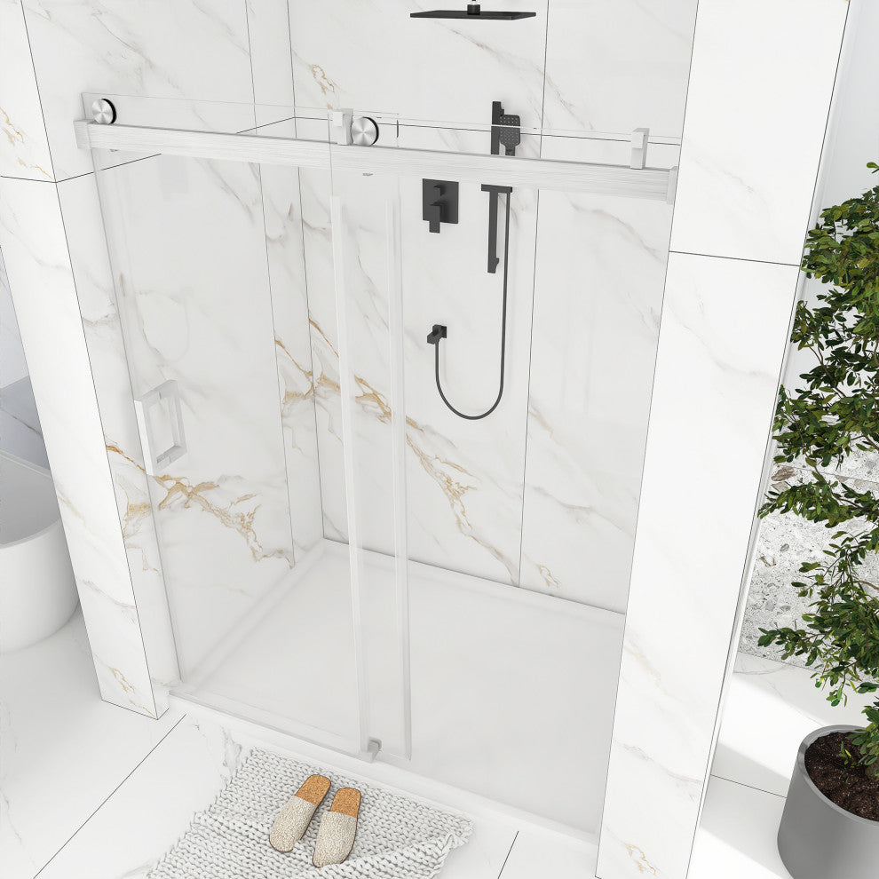 72" W x 76" H Single Sliding Frameless Shower Door, Buffer, Brushed Nickel
