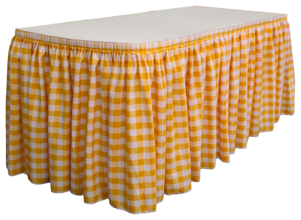 LA Linen Gingham Checkered Table Skirt, White and Dark Yellow, 252"x29"
