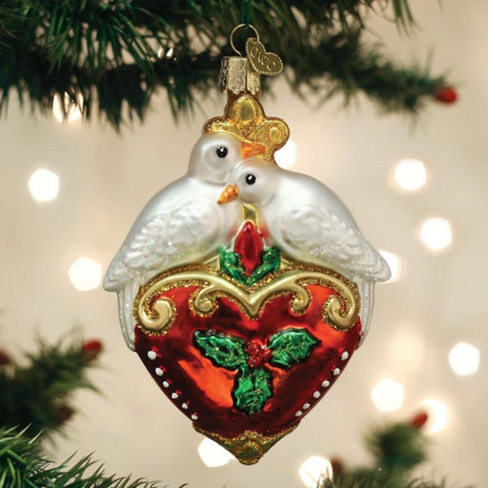 Two Turtle Doves Christmas Holiday Ornament Blown Glass