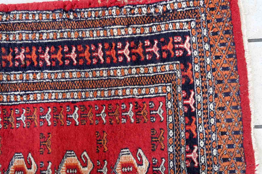 Handmade Vintage Uzbek Bukhara Rug 4.1'x6.4', 126cmx195cm 1960s