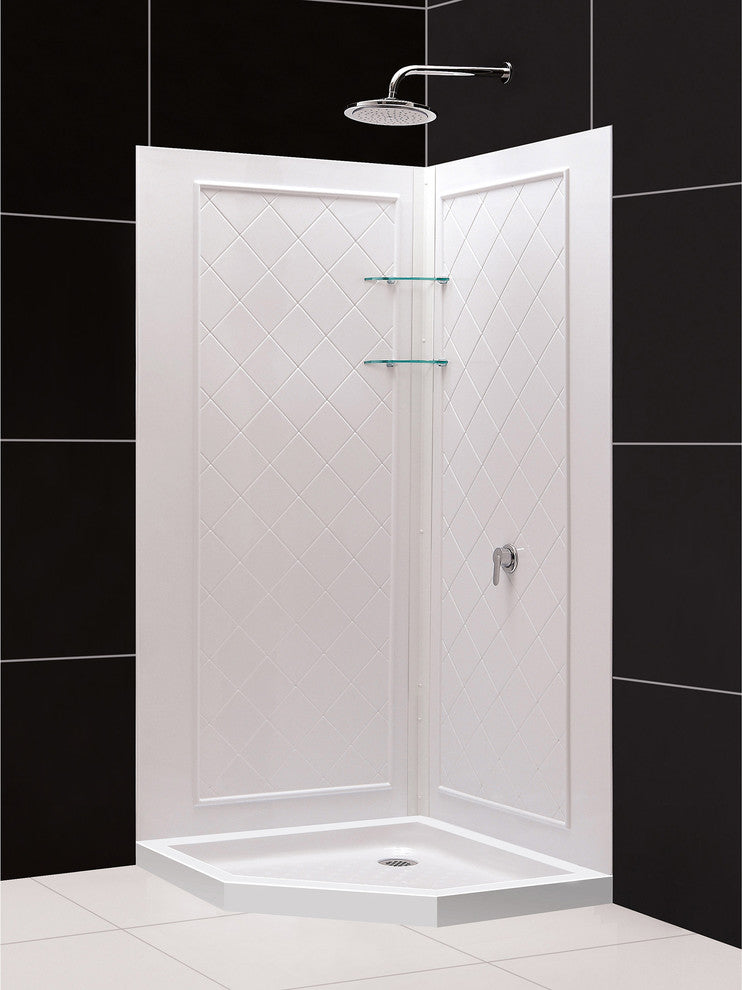 36x36x76 3/4 Neo-Angle Shower Base, QWALL-4 Acrylic Corner Backwall Kit White