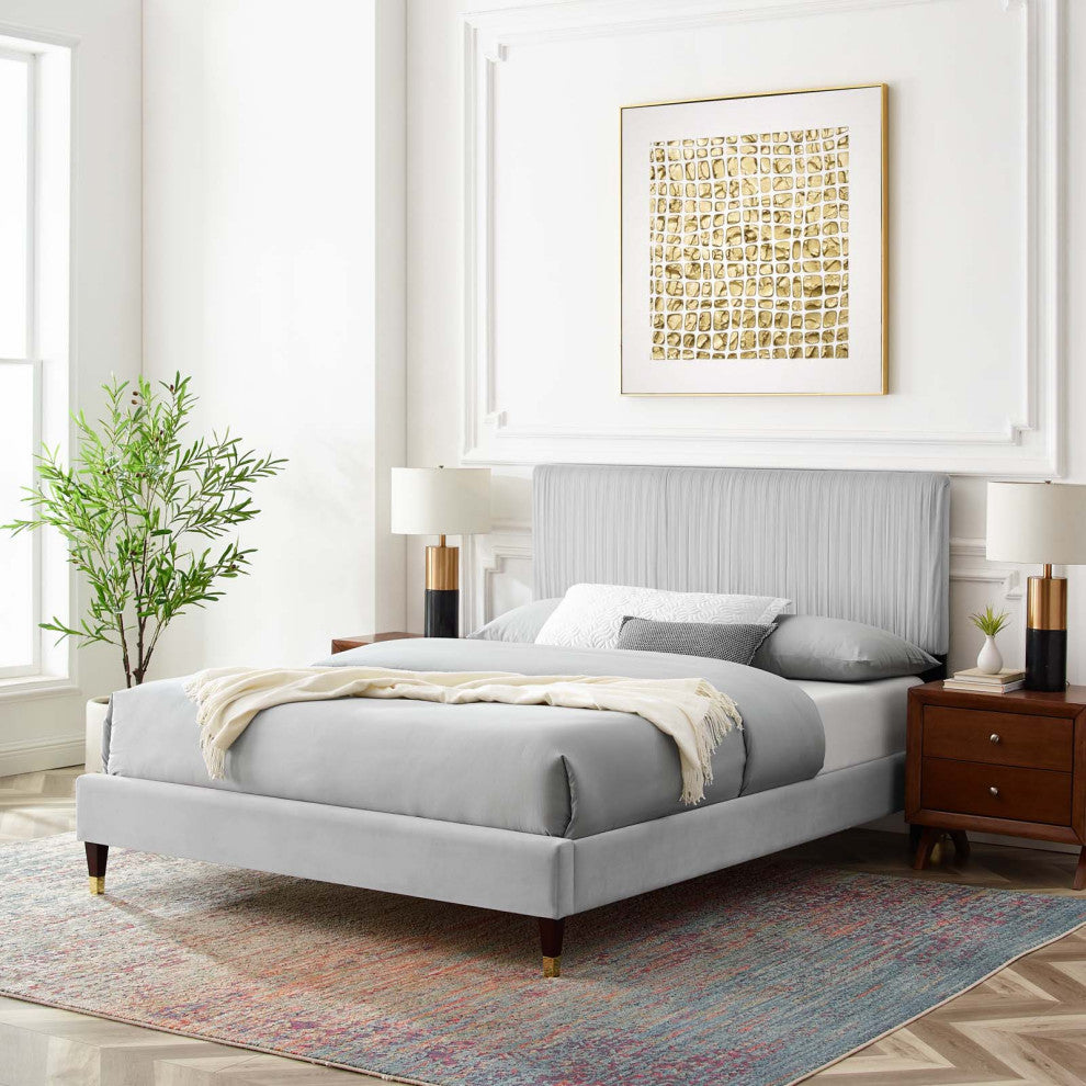 Platform Bed Frame, Twin Size, Velvet, Light Grey Gray, Modern Contemporary