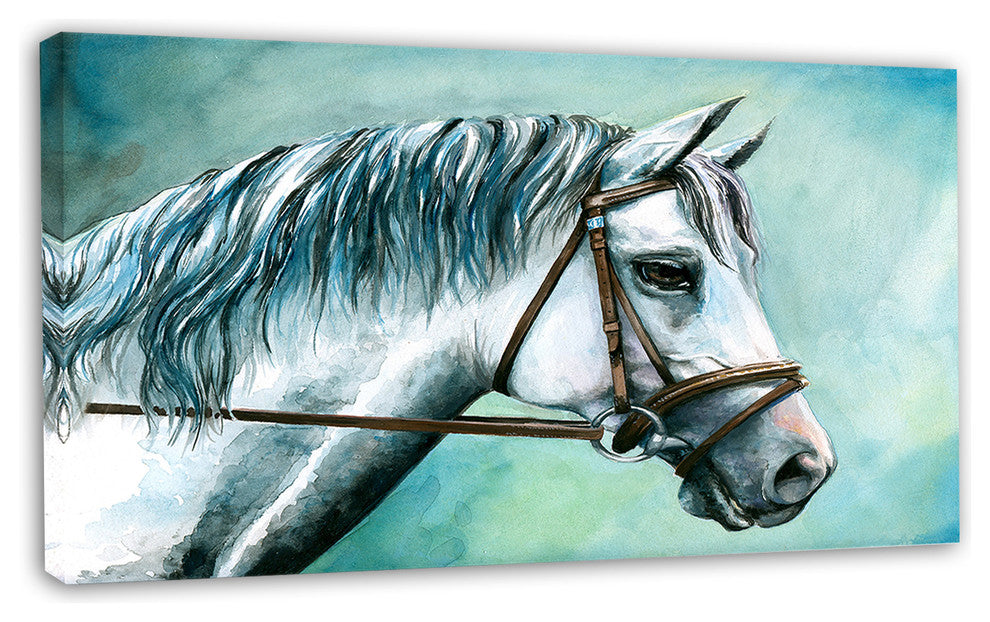 Gray Horse on Blue Background, Animal Canvas Art Print, 32"x16"