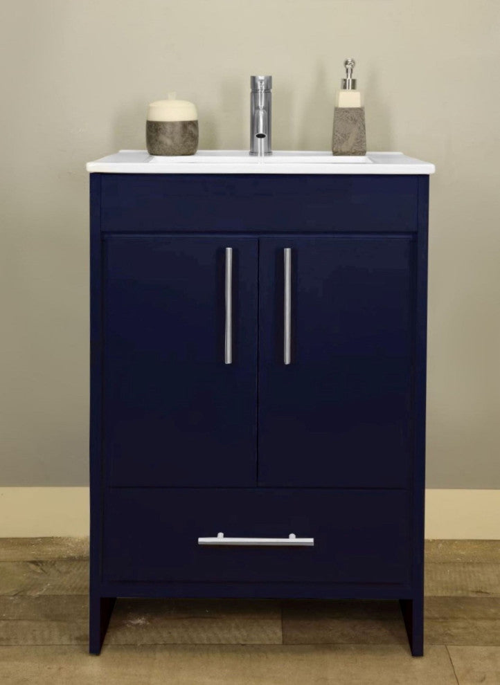 Pacific 24 Bathroom Vanity With Ceramic Top and Brushed Nickel Handles, Navy