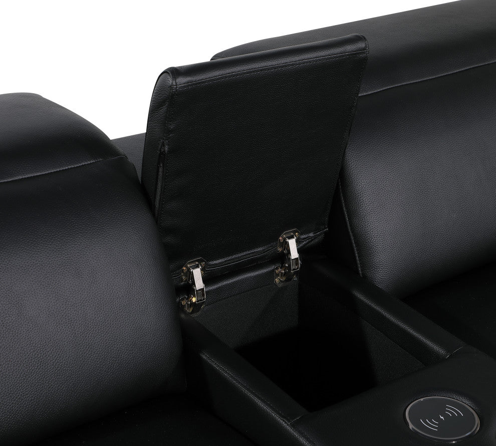 Giovanni 7-Piece 3-Power Reclining Italian Leather Sectional, Black