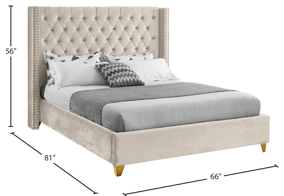 Barolo Velvet Upholstered Bed, Cream, Full