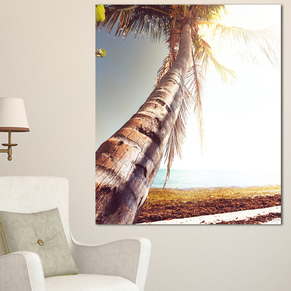 Huge Bent Coconut Tree To Beach, Landscape Wall Art on Canvas, 30"x40"