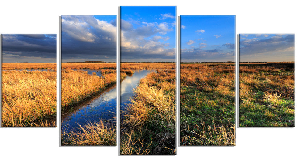 Beautiful Meadow with Blue Sky, Landscape Canvas Art Print, 60"x32", 5 Panels