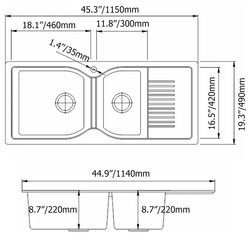 45" Black Quartz Kitchen Sink Double Bowl Drop-In Sink with Drain Board
