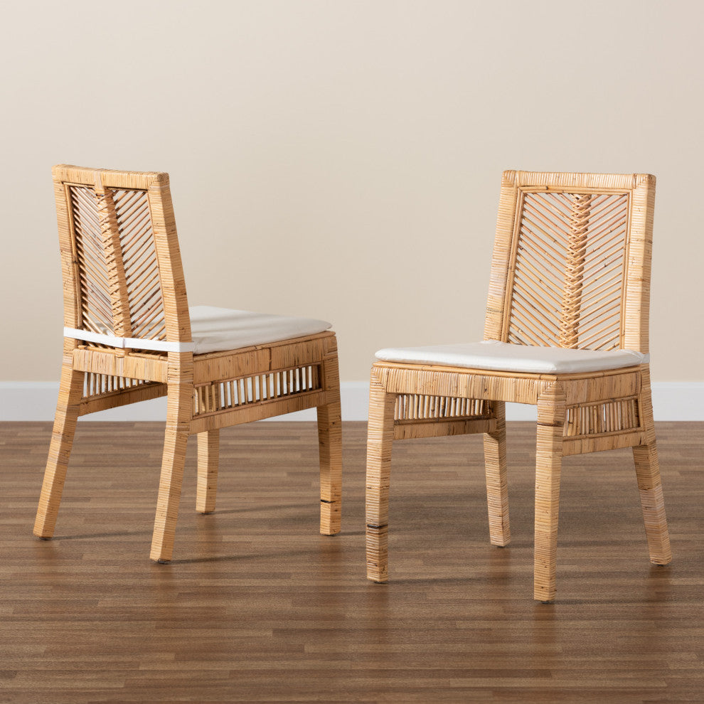 Suci Modern Bohemian Natural Brown Rattan 2-Piece Dining Chair Set
