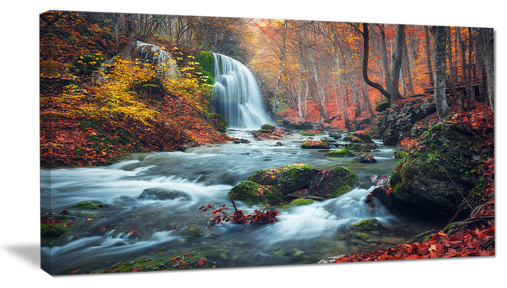"Autumn Mountain Waterfall Long View" Landscape Photo Wall Art, 32"x16"
