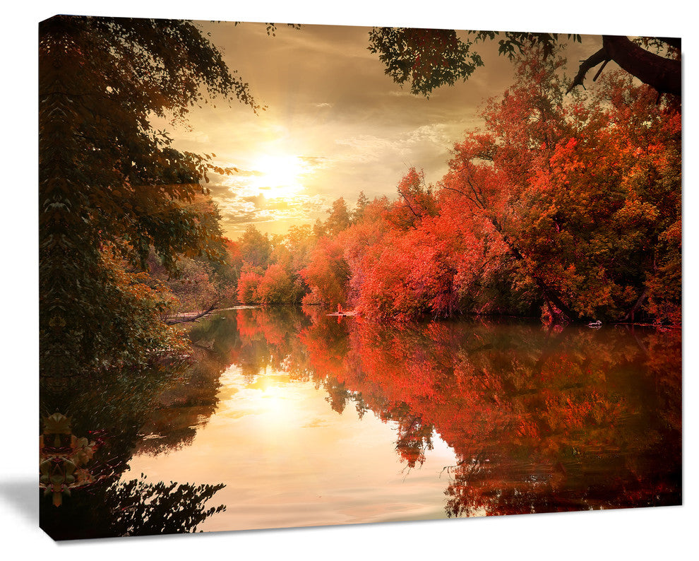 Colorful Fall Sunset over River, Landscape Canvas Art Print, 60"x28"