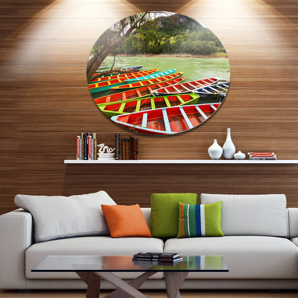 Colorful Boats In Mexico, Landscape Disc Metal Artwork, 11"