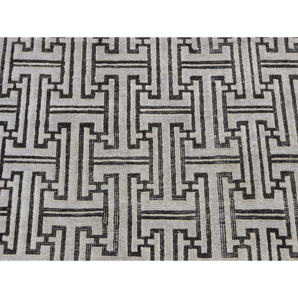 Gray Pure Silk With Wool Roman Key Design Hand Knotted Oriental Rug 7'10"x10'3"