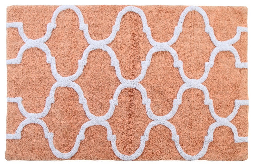 Cotton Dual Color Geometric Pattern Bath Rug, Coral/White, 34"x21"