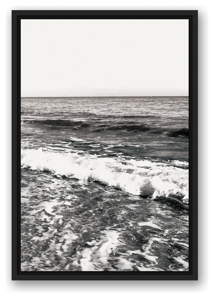 Black and White Ocean Waves 16x24 Black Floating Framed Canvas