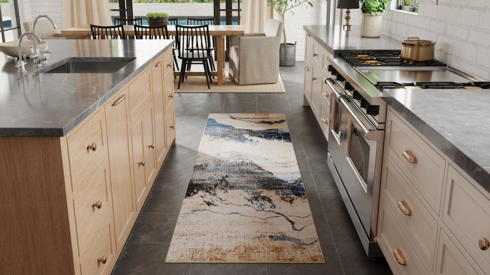 Maxin R39NW Modern/Industrial/Industrial Runner, Ivory/Blue, 2'6"x7'3"