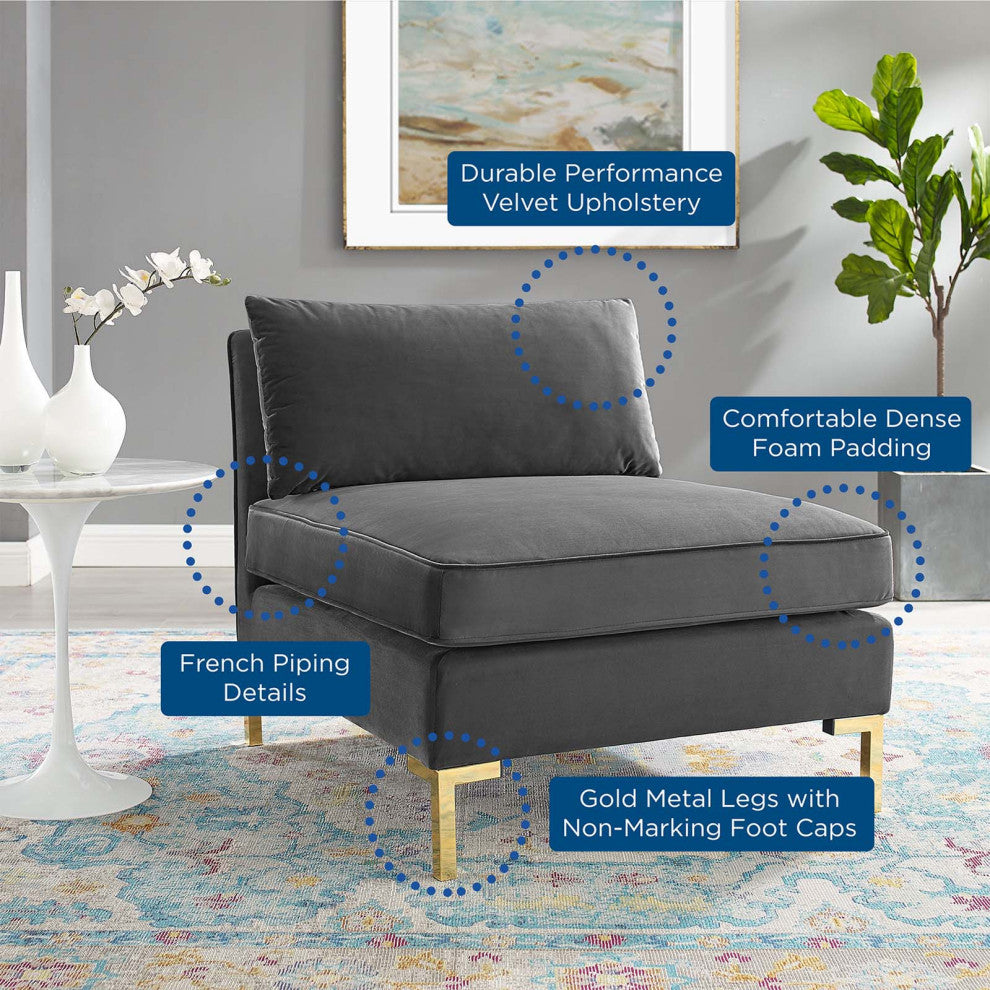 Sofa Middle Chair, Velvet, Gray, Modern, Living Lounge Hotel Hospitality