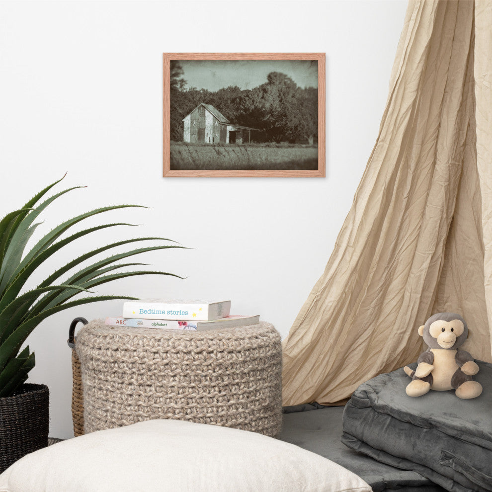 Patriotic Barn in Field Vintage Black and White Framed Photo Wall Art Print, Red Oak, 12" X 16"