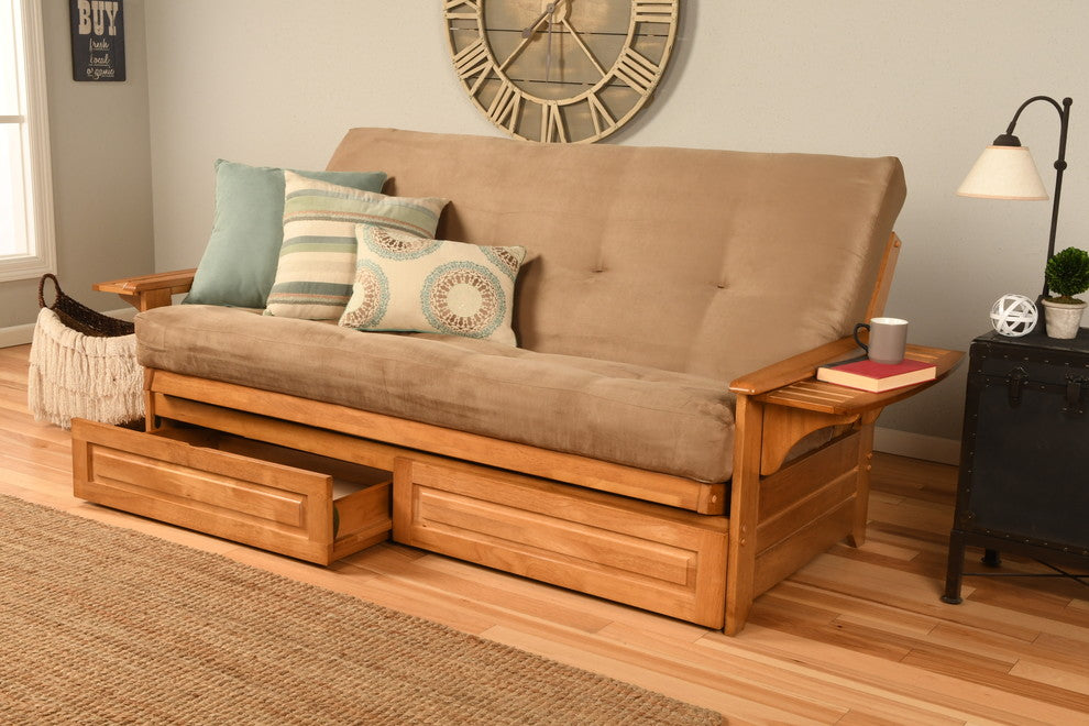 Mesa Frame Futon With Butternut Finish, Storage Drawers, Suede Peat