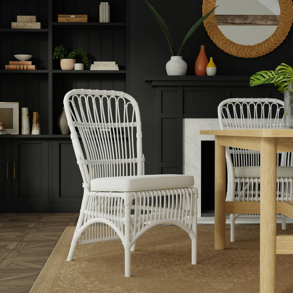 Rattan Loop Side Chair With Seat Cushion, Set of 2, White