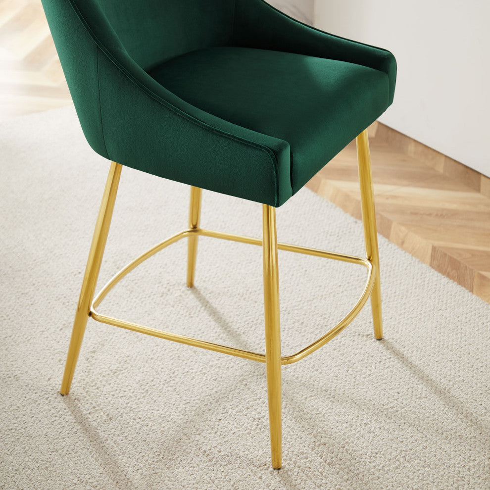 Counter Stool Chair, Green, Velvet, Modern Bar Pub Cafe Bistro Lounge Dining
