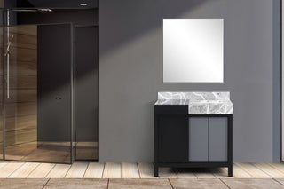 Zilara 36" Black and Grey Vanity, Castle Grey Marble Top, 30" Frameless Mirror