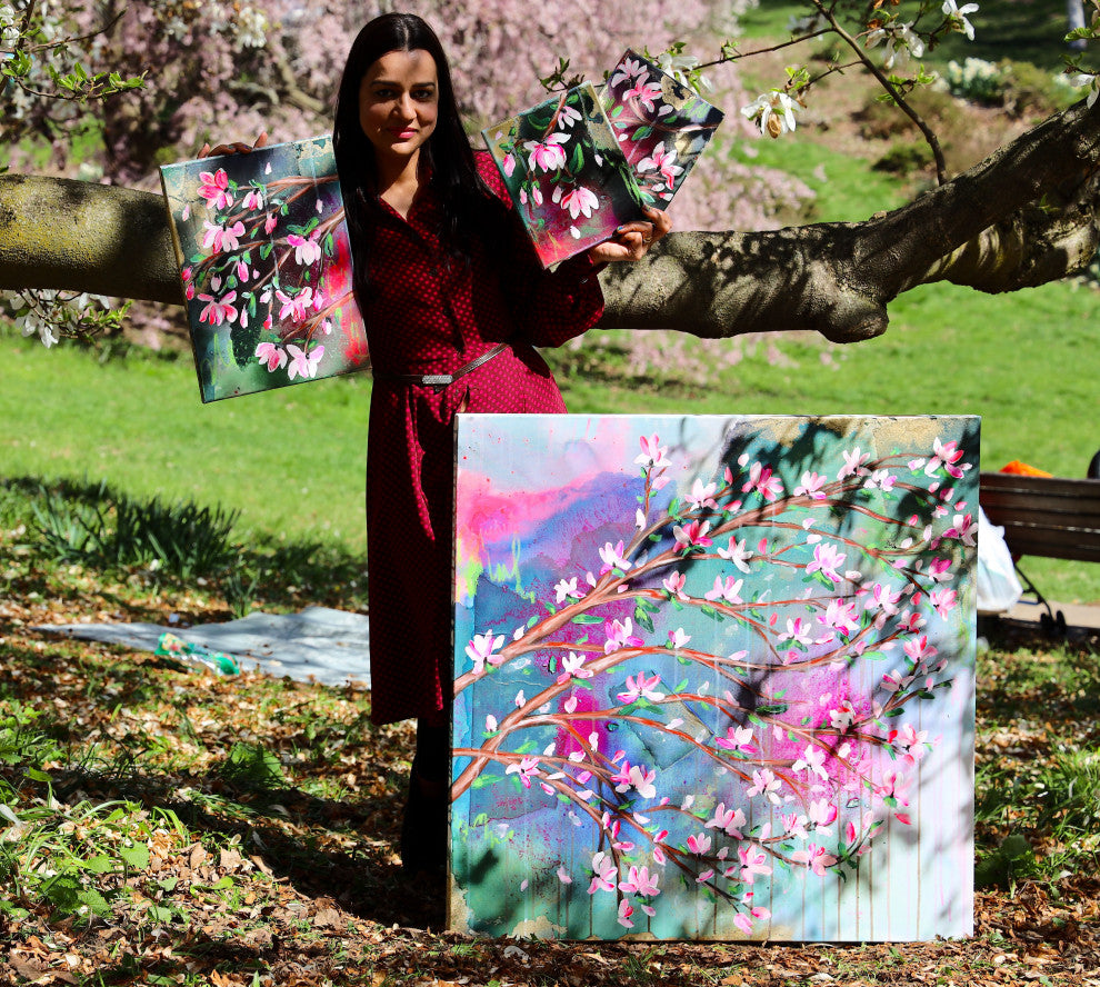 Cherry blossom, Abstract tree art, japanese magnolia painting, blossom tree art